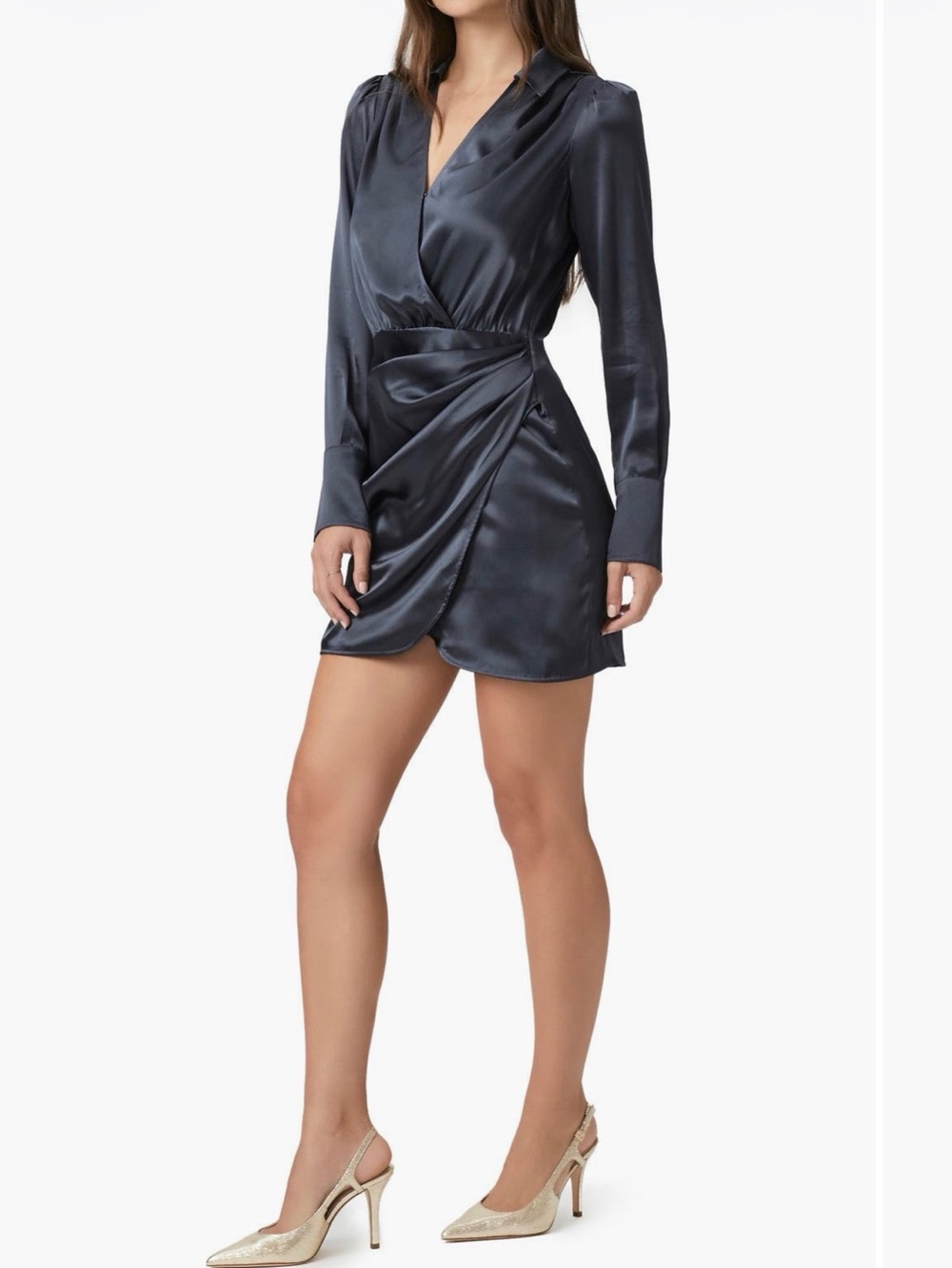 Paige Satin Wrap Mini Dress in Charcoal - Picture 3 of 4